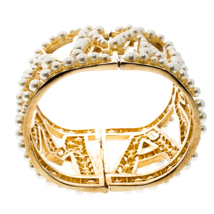 Pre Owned Dolce and Gabbana Mama Faux Pearl Embellished Gold Tone Wide Cuff Bracelet