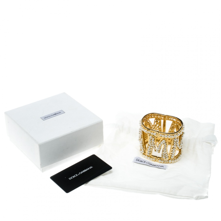 Pre Owned Dolce and Gabbana Mama Faux Pearl Embellished Gold Tone Wide Cuff Bracelet