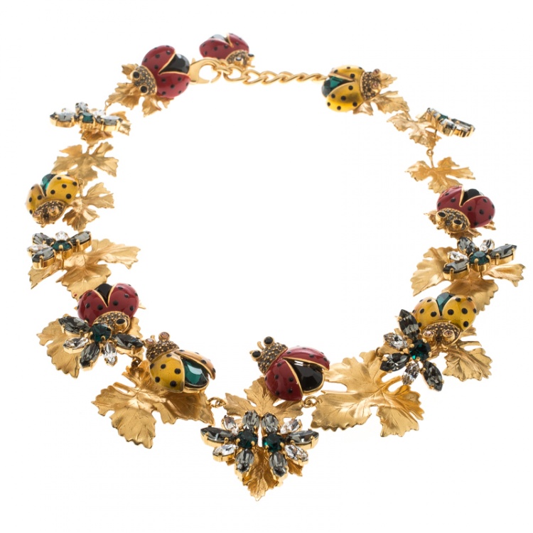 Pre Owned Dolce and Gabbana Ladybug Leaf Enamel Crystal Embellished Gold Tone Necklace