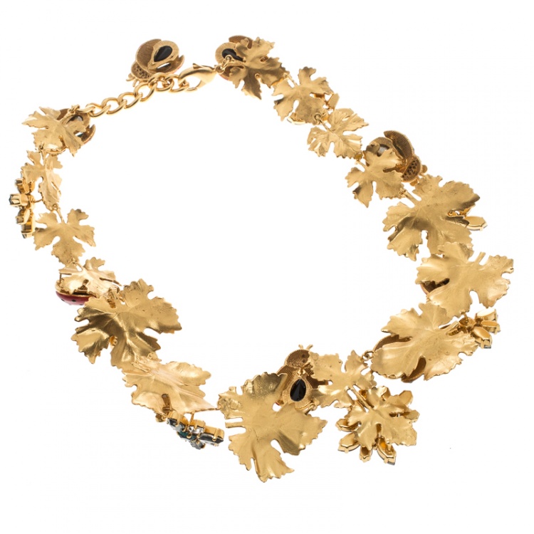 Pre Owned Dolce and Gabbana Ladybug Leaf Enamel Crystal Embellished Gold Tone Necklace