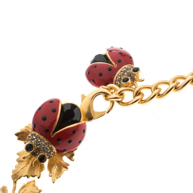 Pre Owned Dolce and Gabbana Ladybug Leaf Enamel Crystal Embellished Gold Tone Necklace