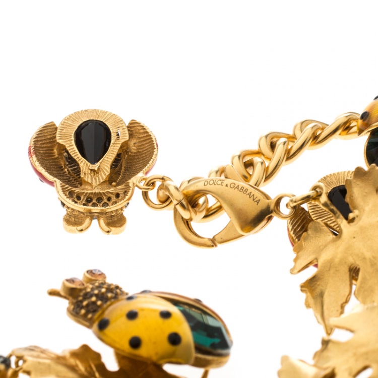 Pre Owned Dolce and Gabbana Ladybug Leaf Enamel Crystal Embellished Gold Tone Necklace