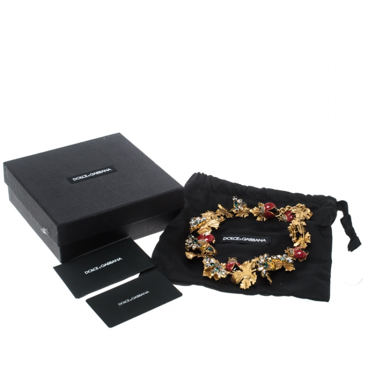 Pre Owned Dolce and Gabbana Ladybug Leaf Enamel Crystal Embellished Gold Tone Necklace