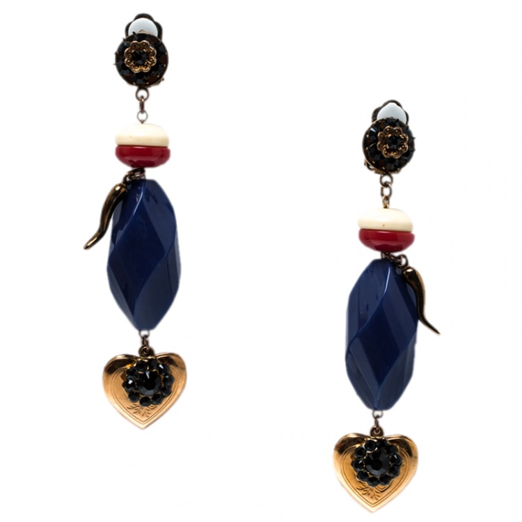 Pre Owned Dolce and Gabbana Multicolor Resin Crystal & Heart Locket Drop Earrings