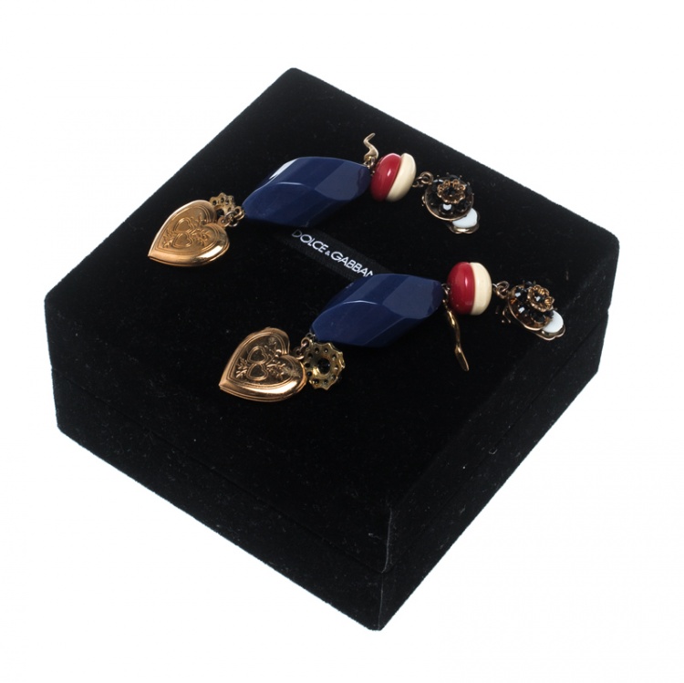 Pre Owned Dolce and Gabbana Multicolor Resin Crystal & Heart Locket Drop Earrings