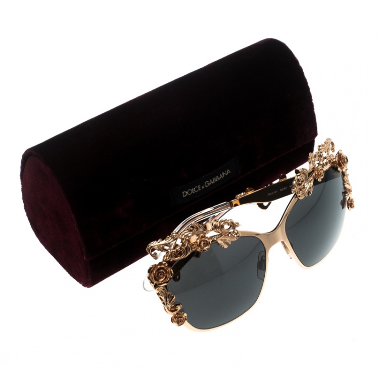 Pre Owned Dolce and Gabbana Gold/Black DG2121 Baroque Butterfly Sunglasses