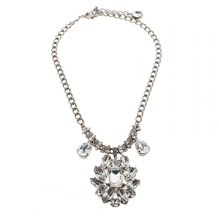 Pre Owned Dolce and Gabbana Flower Crystal Silver Tone Necklace