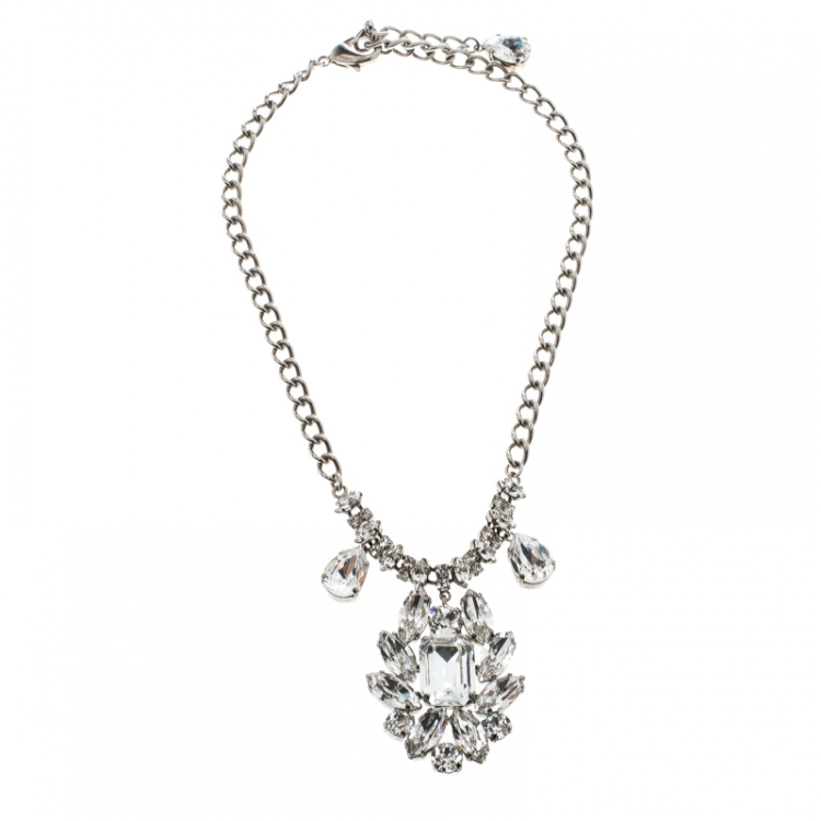 Pre Owned Dolce and Gabbana Flower Crystal Silver Tone Necklace