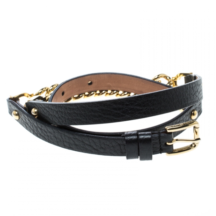 Pre Owned Dolce & Gabbana Black Leather and Gold Tone Chain Skinny Belt 80cm