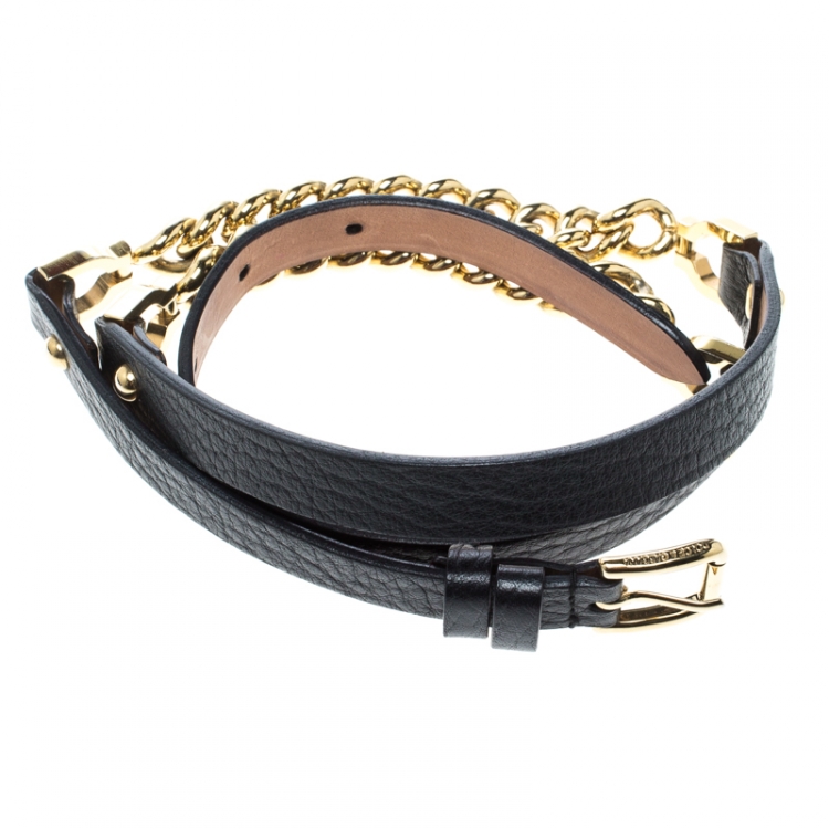 Pre Owned Dolce & Gabbana Black Leather and Gold Tone Chain Skinny Belt 80cm