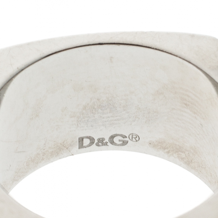 Pre Owned Dolce and Gabbana Crystal Silver Tone Wide Band Ring Size 60