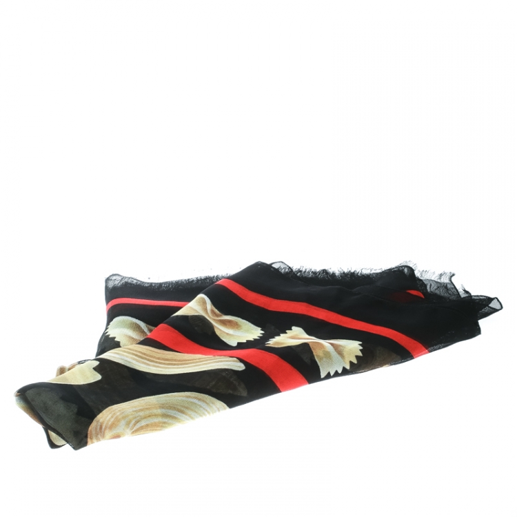 Pre Owned Dolce and Gabbana Black Pasta Printed Silk Gauze Fringed Edge Scarf