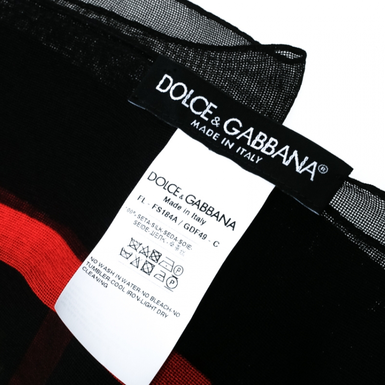 Pre Owned Dolce and Gabbana Black Pasta Printed Silk Gauze Fringed Edge Scarf