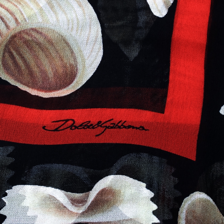 Pre Owned Dolce and Gabbana Black Pasta Printed Silk Gauze Fringed Edge Scarf