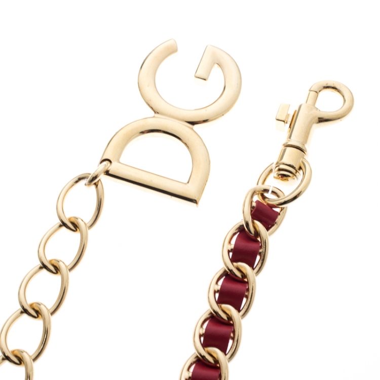 Pre Owned Dolce and Gabbana Red Interlaced Leather Gold Tone Chain Belt