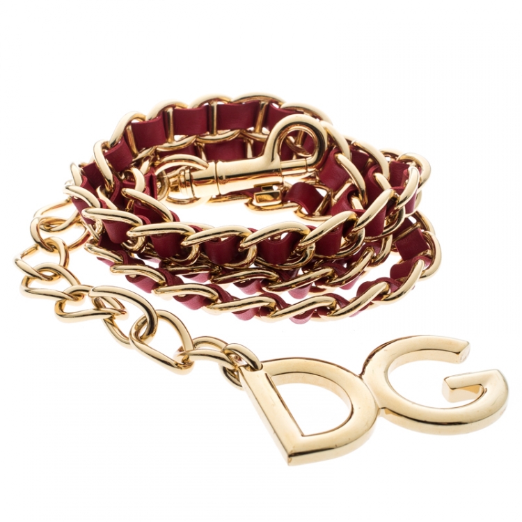 Pre Owned Dolce and Gabbana Red Interlaced Leather Gold Tone Chain Belt