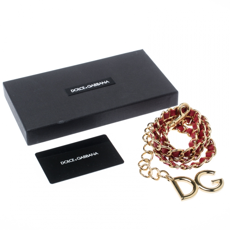 Pre Owned Dolce and Gabbana Red Interlaced Leather Gold Tone Chain Belt