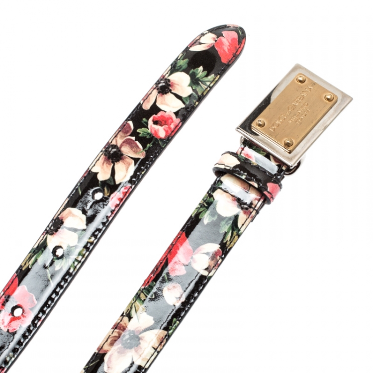 Pre Owned Dolce & Gabbana Multicolor Floral Print Patent Leather Logo Plaque Belt Size 90CM
