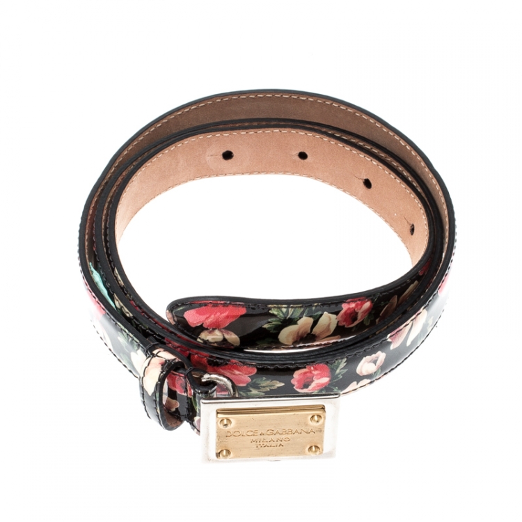 Pre Owned Dolce & Gabbana Multicolor Floral Print Patent Leather Logo Plaque Belt Size 90CM