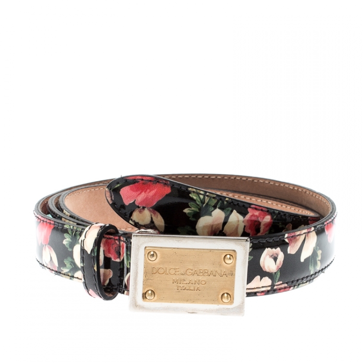 Pre Owned Dolce & Gabbana Multicolor Floral Print Patent Leather Logo Plaque Belt Size 90CM