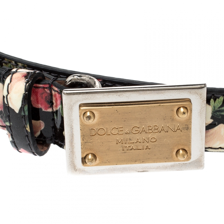 Pre Owned Dolce & Gabbana Multicolor Floral Print Patent Leather Logo Plaque Belt Size 90CM