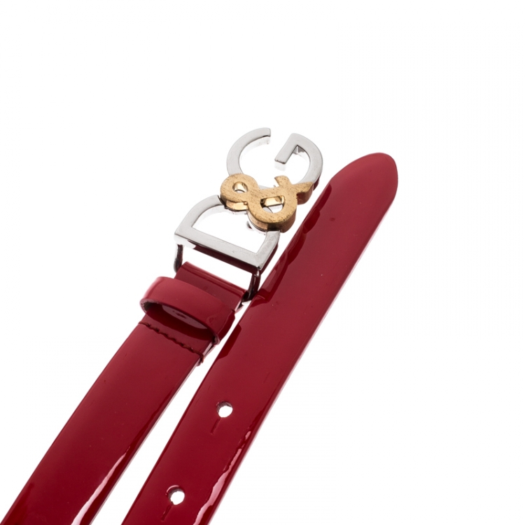 Pre Owned Dolce and Gabbana Red Patent Leather D&G Buckle Belt 85CM