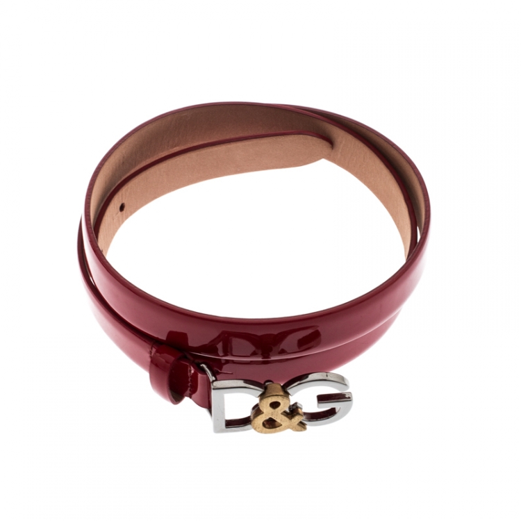 Pre Owned Dolce and Gabbana Red Patent Leather D&G Buckle Belt 85CM