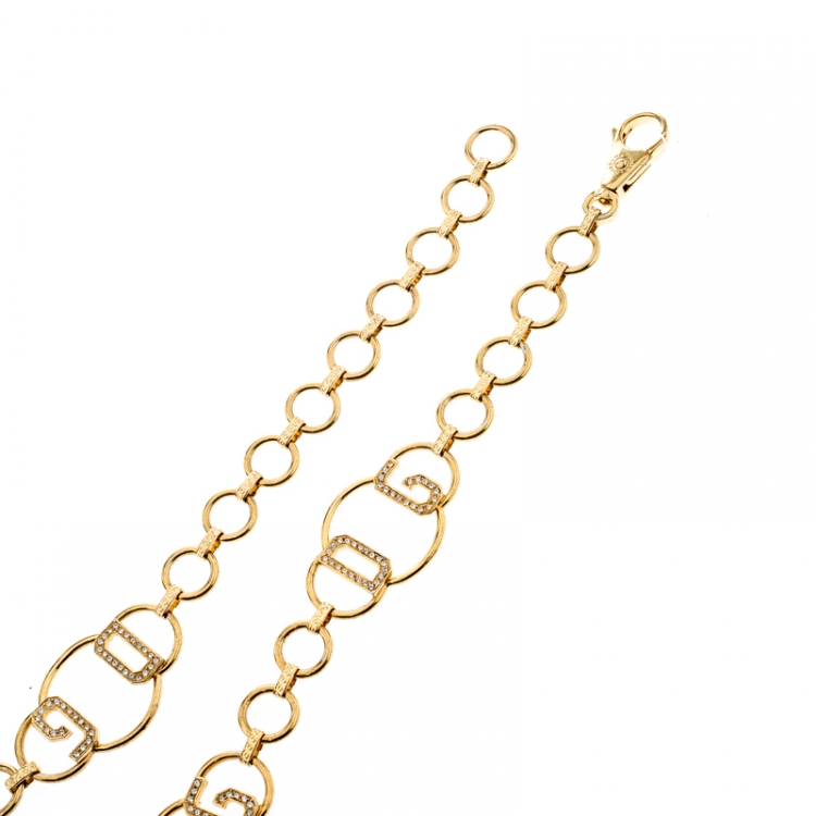 Pre Owned Dolce and Gabbana Logo Crystal Gold Tone Chain Link Belt 