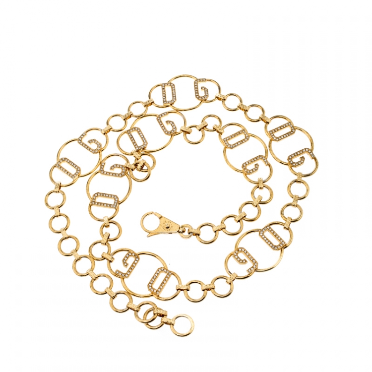 Pre Owned Dolce and Gabbana Logo Crystal Gold Tone Chain Link Belt 