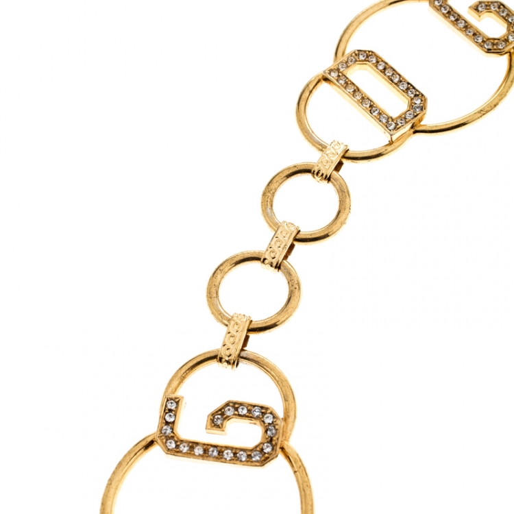 Pre Owned Dolce and Gabbana Logo Crystal Gold Tone Chain Link Belt 