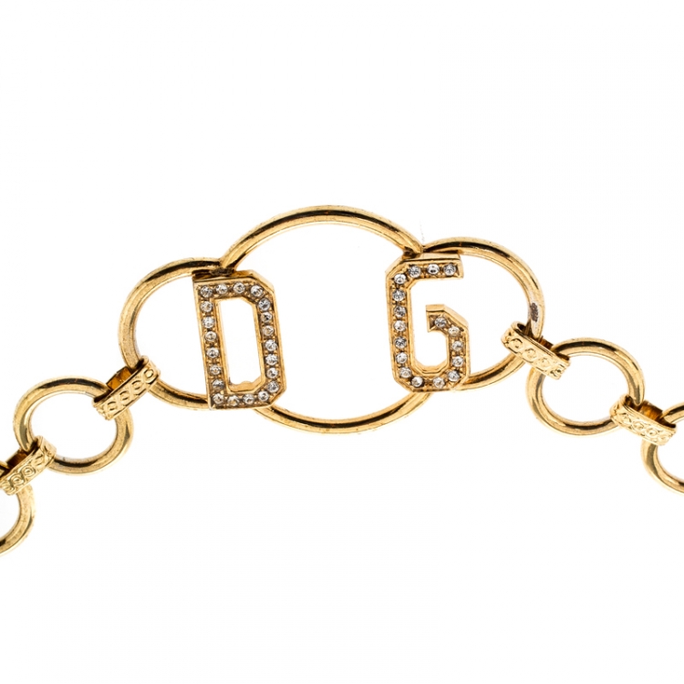 Pre Owned Dolce and Gabbana Logo Crystal Gold Tone Chain Link Belt 