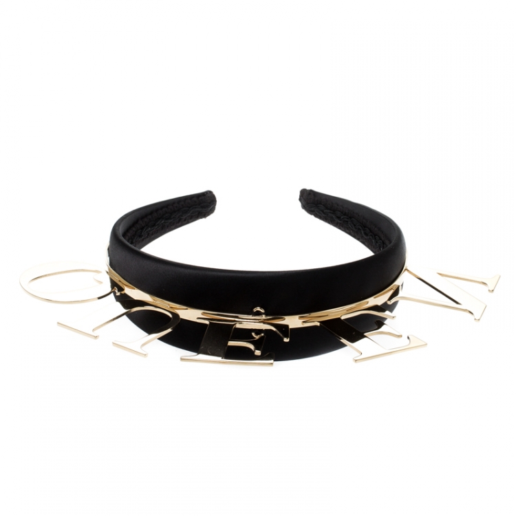 Pre Owned Dolce and Gabbana Queen Gold Tone Black Satin Headband