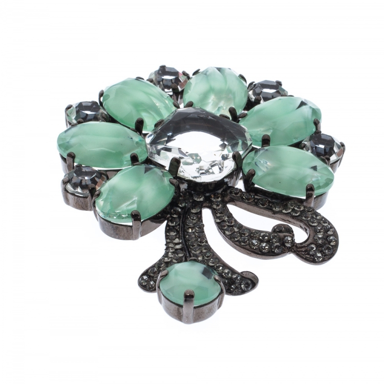 Pre Owned Dolce & Gabbana Green Floral Crystal Silver Tone Brooch