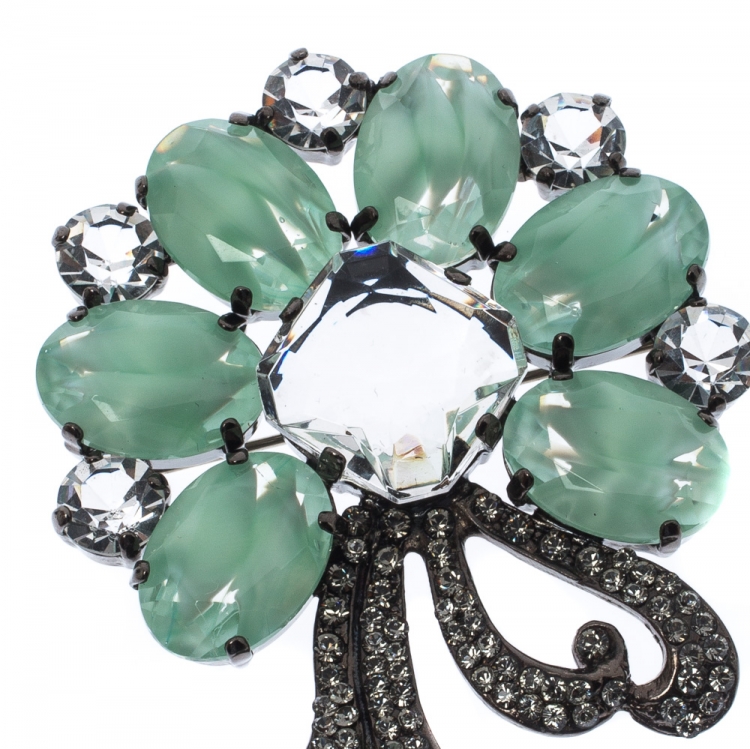 Pre Owned Dolce & Gabbana Green Floral Crystal Silver Tone Brooch