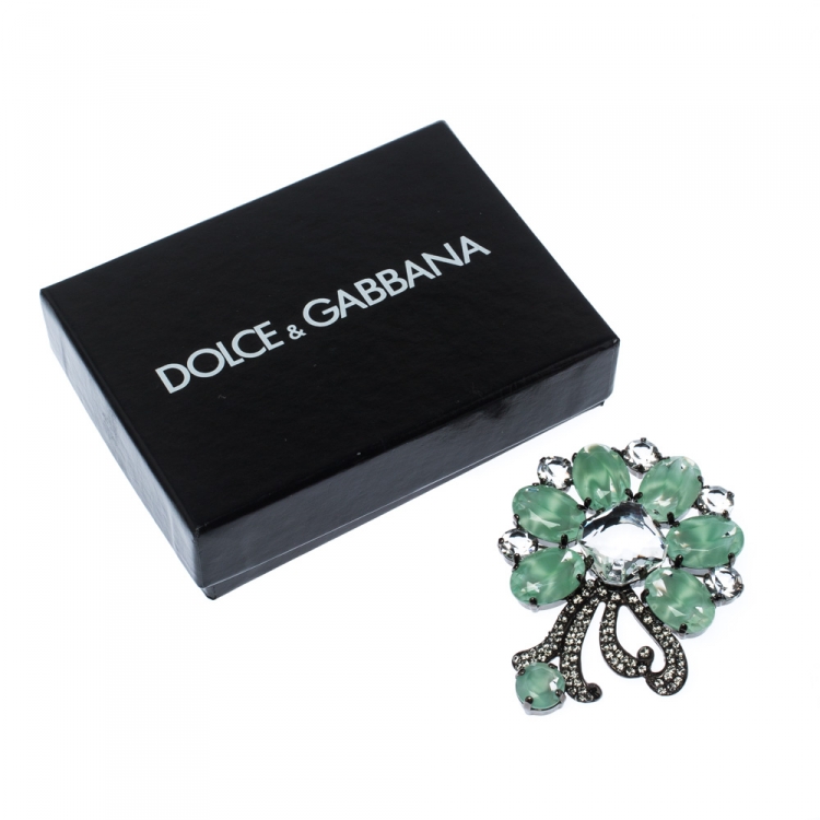 Pre Owned Dolce & Gabbana Green Floral Crystal Silver Tone Brooch