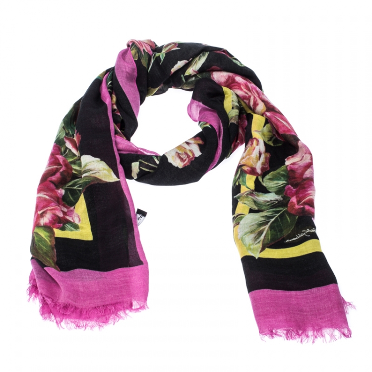 Pre Owned Dolce & Gabbana Black Printed Cashmere Blend Rose Fondo Neronero Scarf