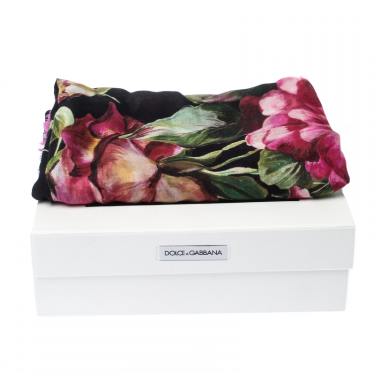 Pre Owned Dolce & Gabbana Black Printed Cashmere Blend Rose Fondo Neronero Scarf