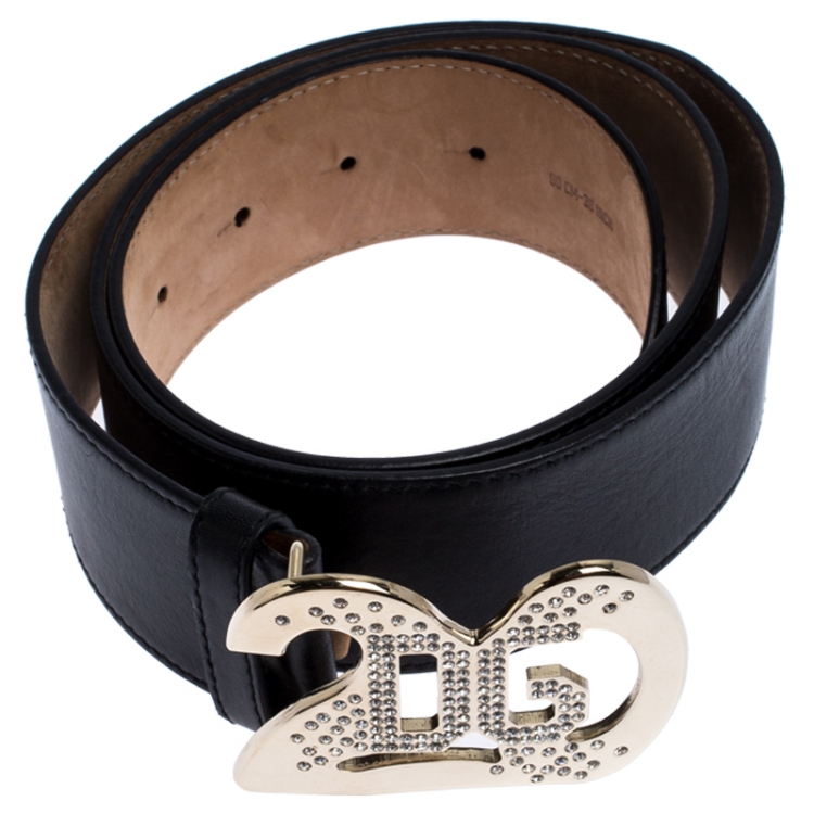 Pre Owned Dolce And Gabbana Black Leather Crystal Embellished Logo Buckle Belt 90CM