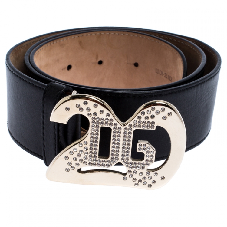 Pre Owned Dolce And Gabbana Black Leather Crystal Embellished Logo Buckle Belt 90CM