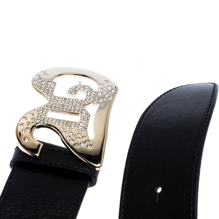 Pre Owned Dolce And Gabbana Black Leather Crystal Embellished Logo Buckle Belt 90CM