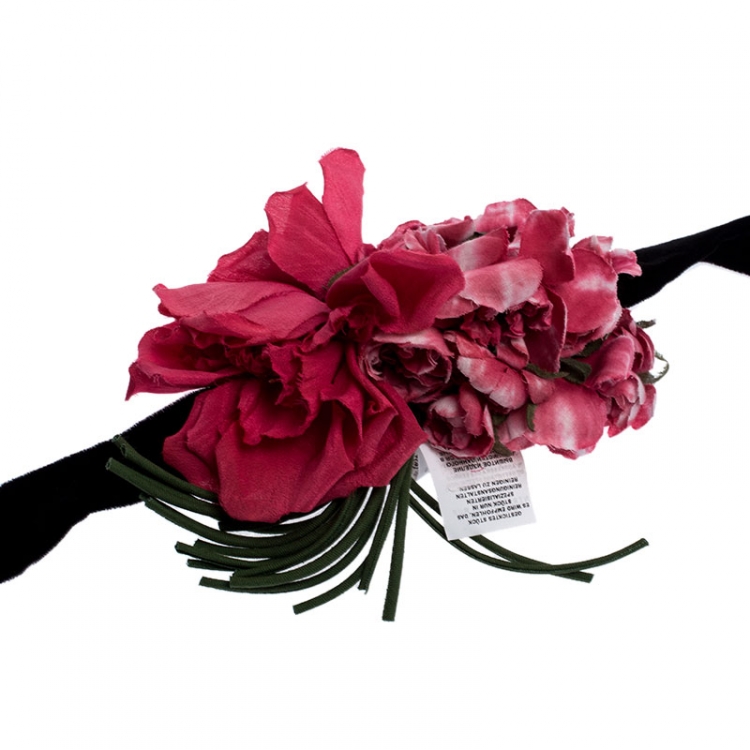 Pre Owned Dolce and Gabbana Black Velvet Floral Applique Detail Tie Belt