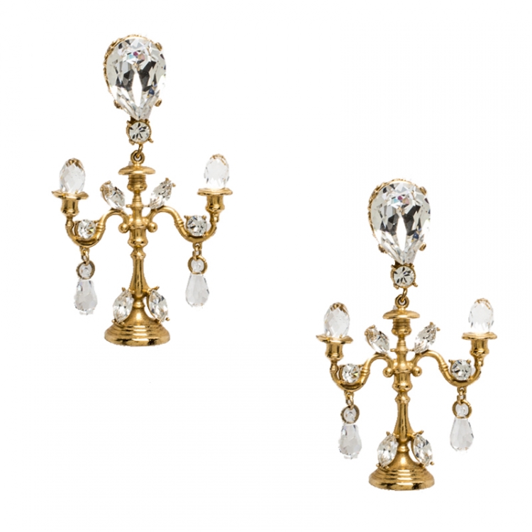 Pre Owned Dolce & Gabbana Gold Tone Crystal Embedded Chandelier Clip On Earrings