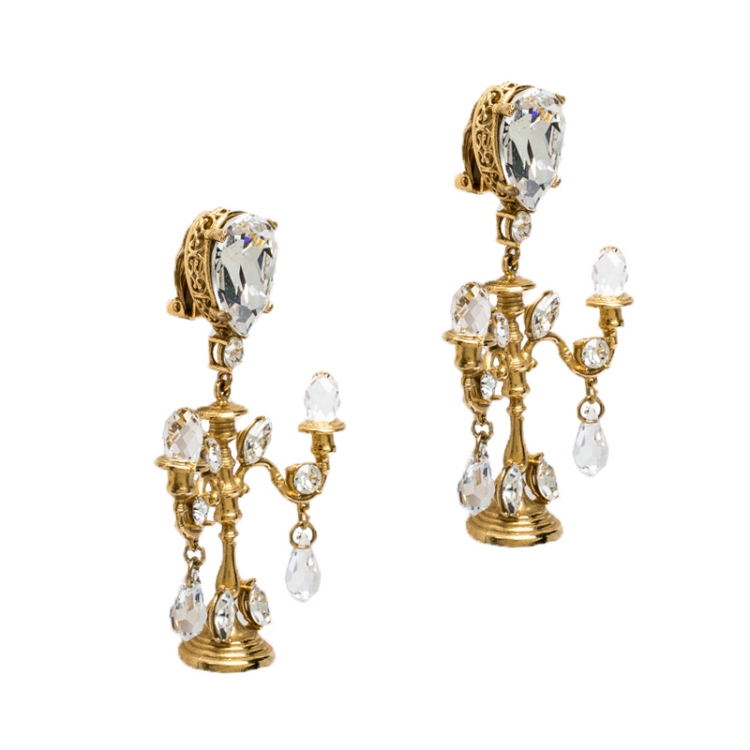 Pre Owned Dolce & Gabbana Gold Tone Crystal Embedded Chandelier Clip On Earrings