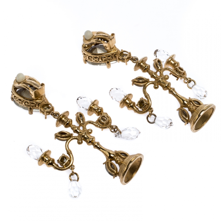 Pre Owned Dolce & Gabbana Gold Tone Crystal Embedded Chandelier Clip On Earrings