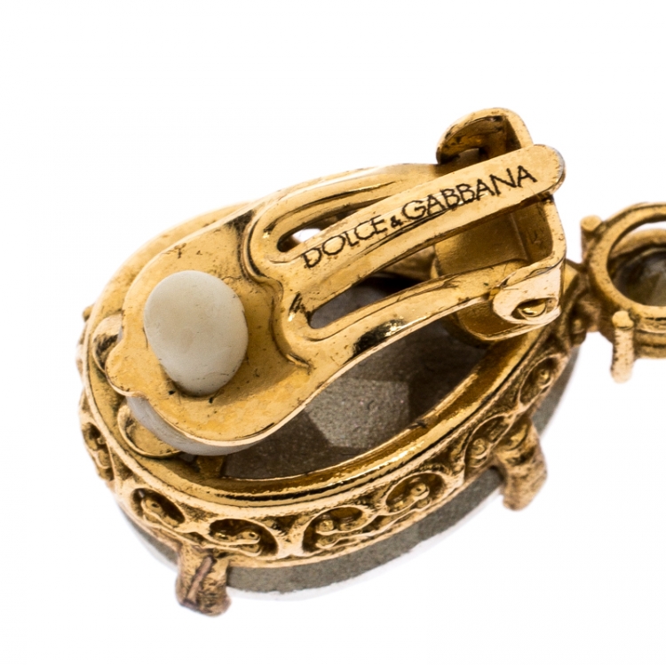 Pre Owned Dolce & Gabbana Gold Tone Crystal Embedded Chandelier Clip On Earrings