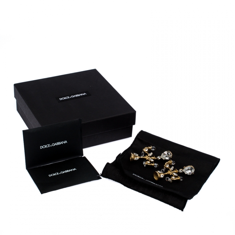 Pre Owned Dolce & Gabbana Gold Tone Crystal Embedded Chandelier Clip On Earrings