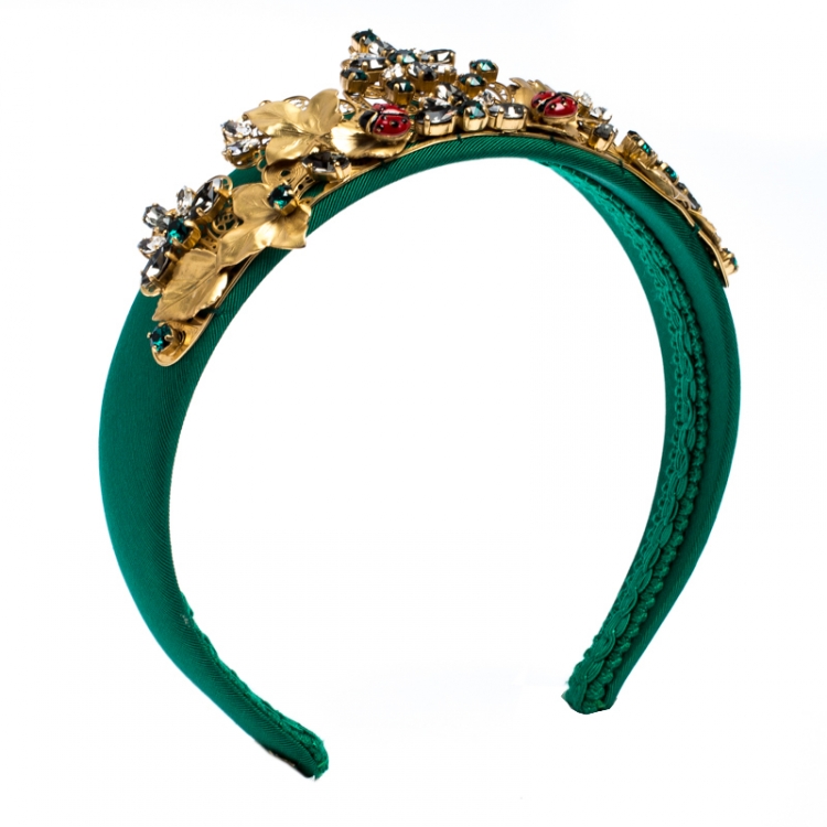 Pre Owned Dolce & Gabbana Green Silk Crystal Embellished Tiara Headband ( One Size )