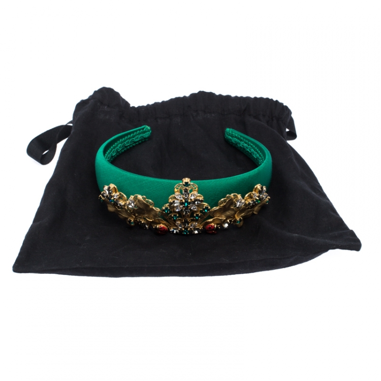Pre Owned Dolce & Gabbana Green Silk Crystal Embellished Tiara Headband ( One Size )