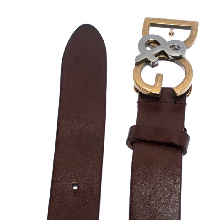 Pre Owned Dolce & Gabbana Brown Leather Logo Belt Size 95CM