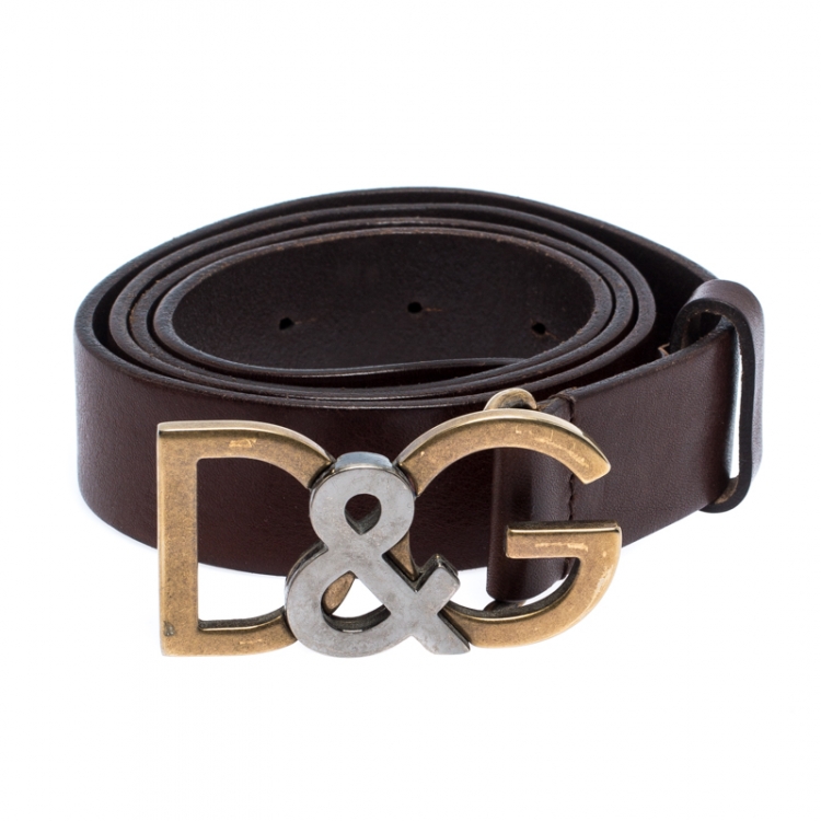 Pre Owned Dolce & Gabbana Brown Leather Logo Belt Size 95CM